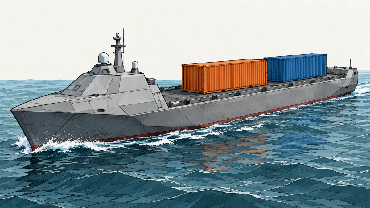 Illustration of a long grey generic uncrewed ship with a low superstructure and two shipping containers on its open deck, on calm blue water against an off-white background