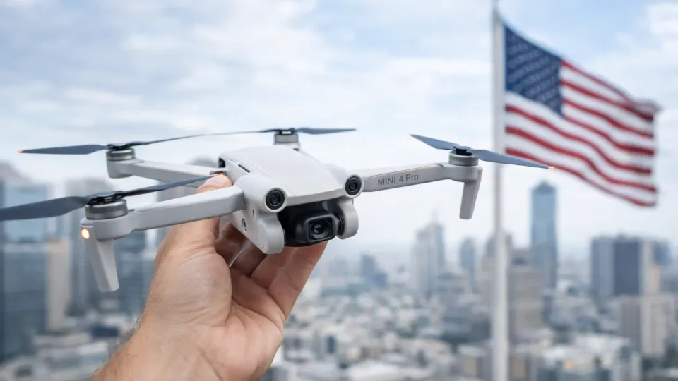 DJI consumer drone on display with US Capitol building in background