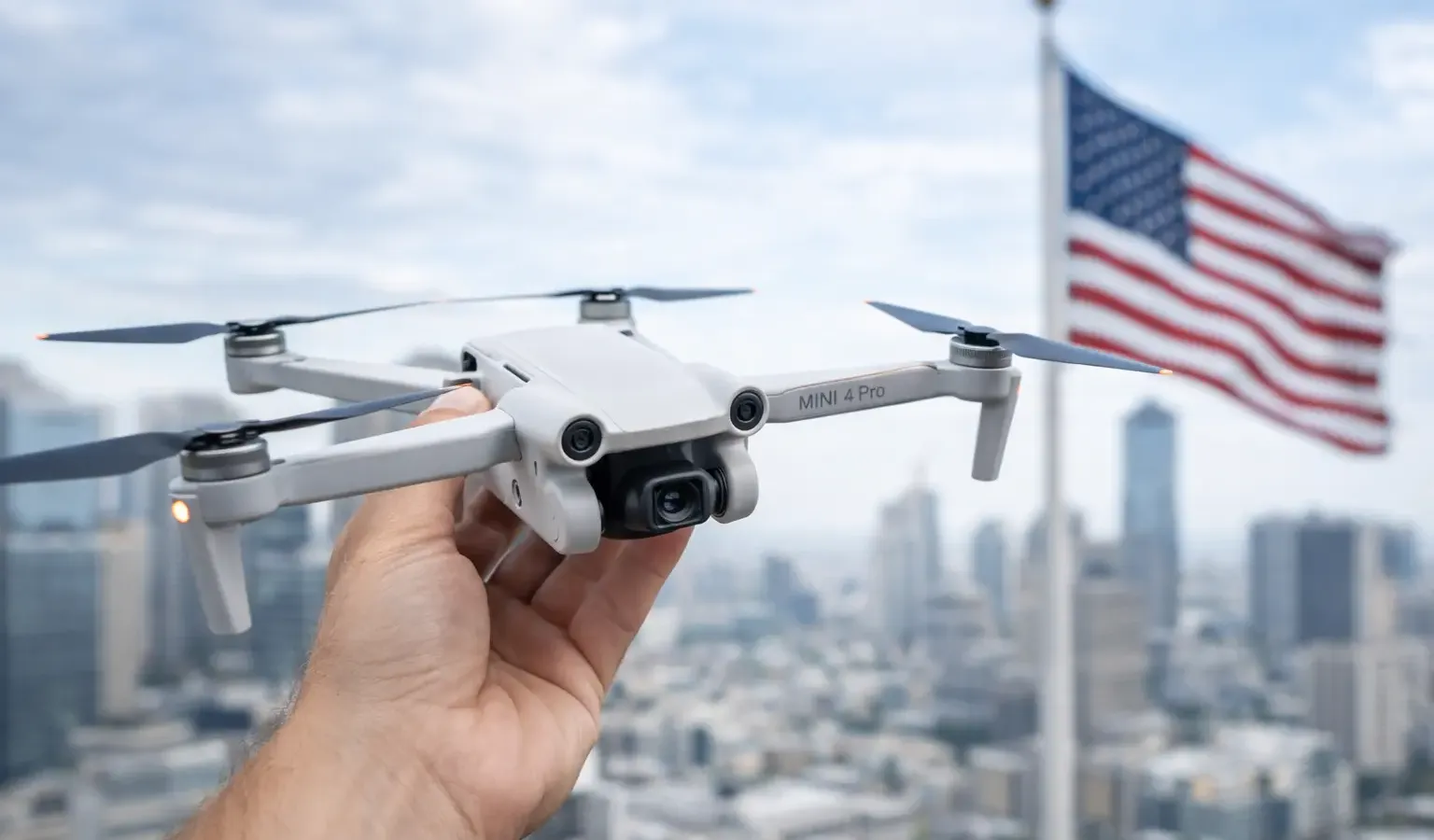 DJI consumer drone on display with US Capitol building in background