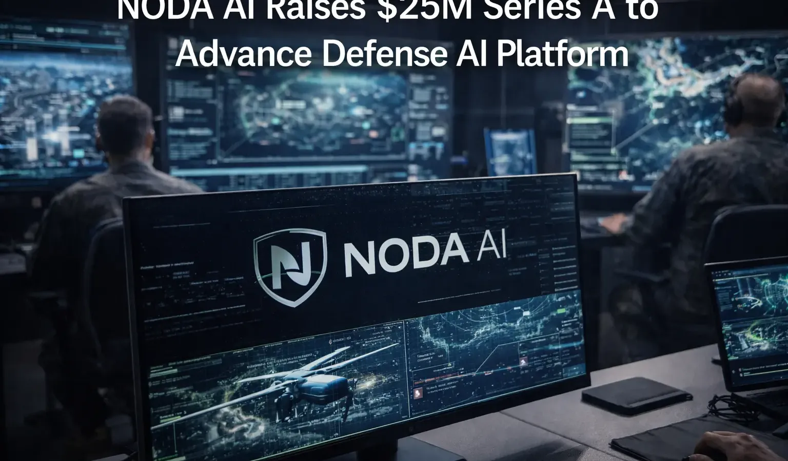 Military command center with multiple screens displaying autonomous drone and vehicle coordination across domains