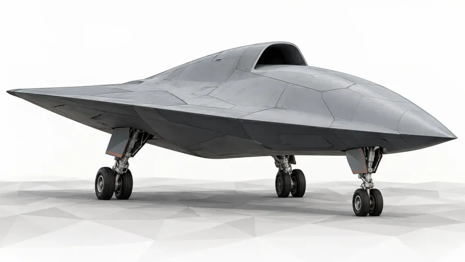 Illustration of a generic tailless jet-powered drone with a high air intake parked on a minimal low-poly ground, on an off-white background