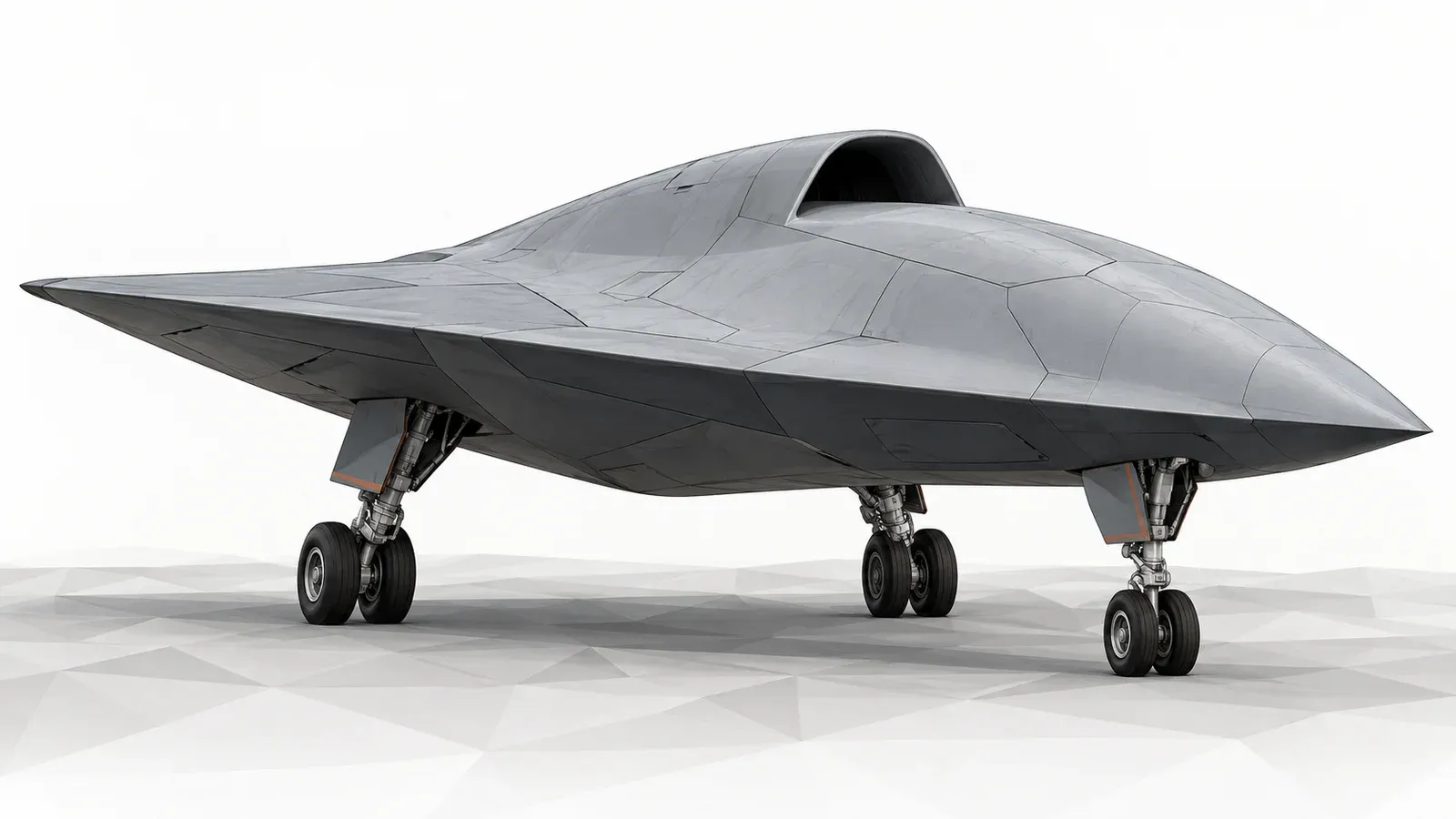 Illustration of a generic tailless jet-powered drone with a high air intake parked on a minimal low-poly ground, on an off-white background