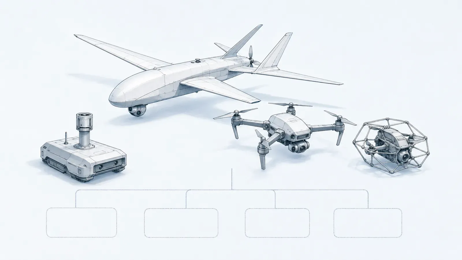Technical line illustration of a large fixed-wing drone, a quadcopter, a caged inspection drone and a tracked ground sensor unit arranged above an empty org-chart bracket