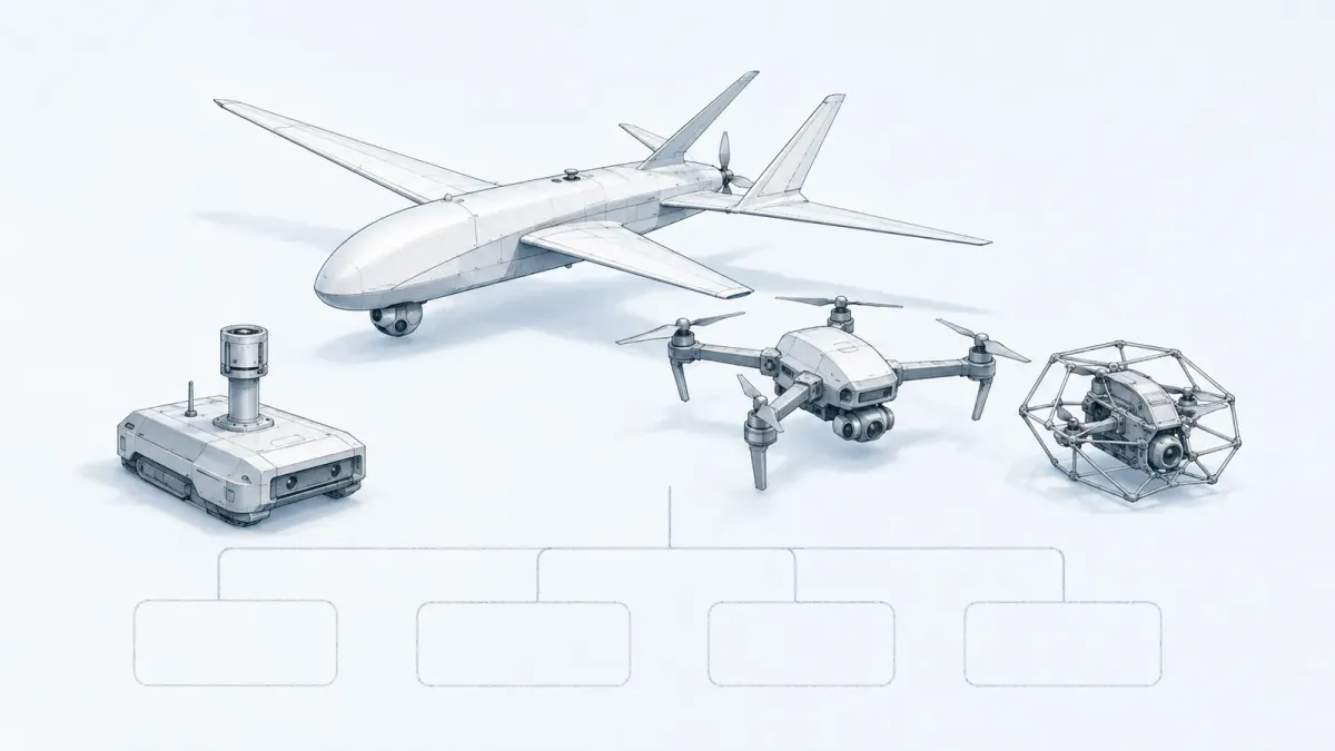 Technical line illustration of a large fixed-wing drone, a quadcopter, a caged inspection drone and a tracked ground sensor unit arranged above an empty org-chart bracket