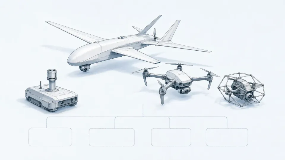 Technical line illustration of a large fixed-wing drone, a quadcopter, a caged inspection drone and a tracked ground sensor unit arranged above an empty org-chart bracket