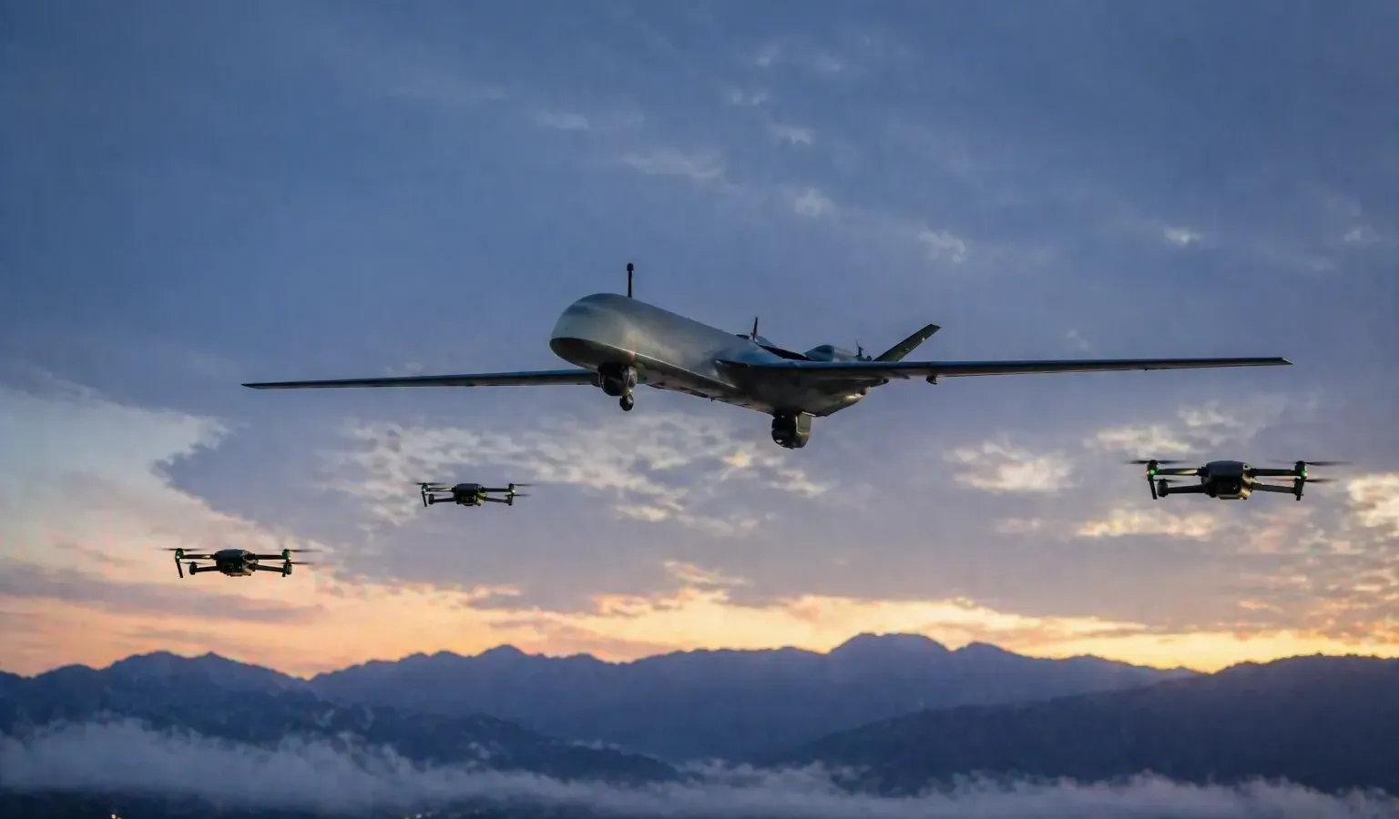 Illustration of a large generic drone and three small quadcopters flying over mountains at dusk