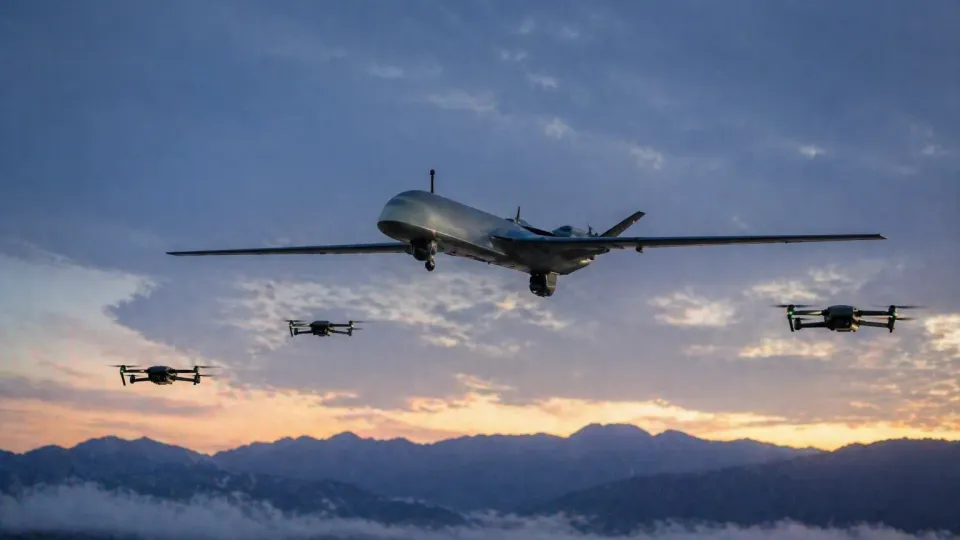 Illustration of a large generic drone and three small quadcopters flying over mountains at dusk