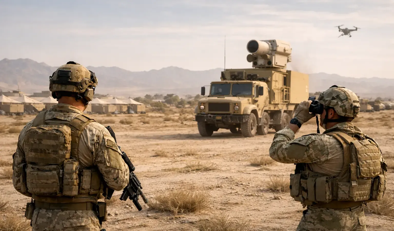 Two soldiers in desert terrain, one with binoculars, beside a truck-mounted sensor mast