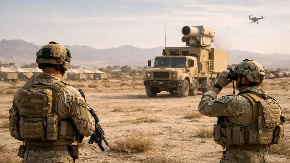 Two soldiers in desert terrain, one with binoculars, beside a truck-mounted sensor mast