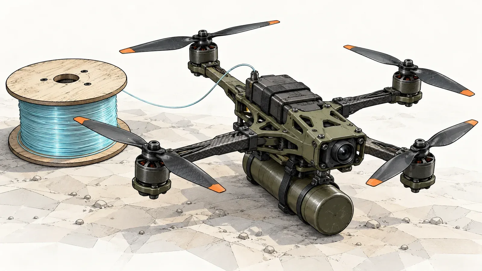 Illustration of a generic olive-green quadcopter with orange propeller tips and a cylindrical payload, resting beside a wooden spool of cyan fibre-optic cable on pale faceted ground