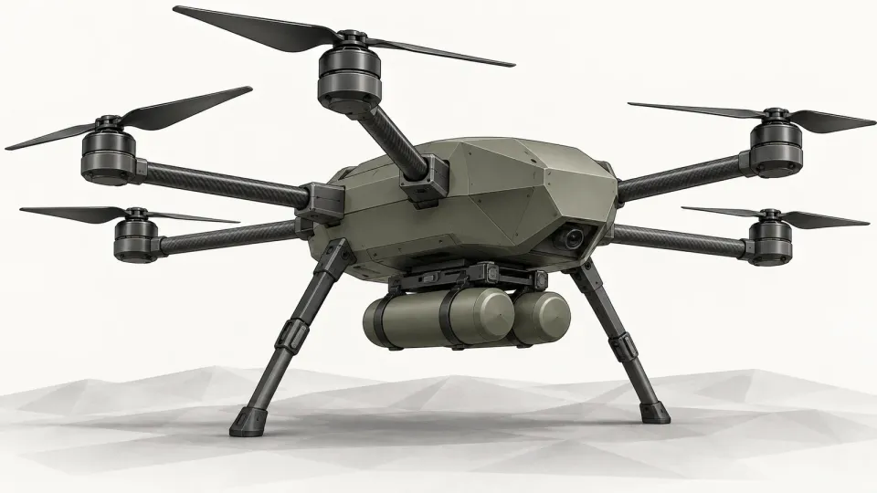 Illustration of a generic olive-grey six-rotor military drone with two plain canisters slung beneath it, standing on a pale low-poly ground against a white background