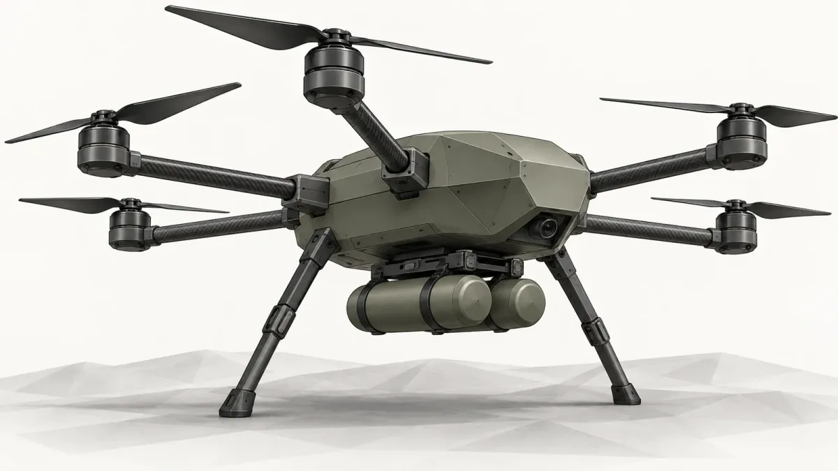 Illustration of a generic olive-grey six-rotor military drone with two plain canisters slung beneath it, standing on a pale low-poly ground against a white background