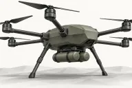 Illustration of a generic olive-grey six-rotor military drone with two plain canisters slung beneath it, standing on a pale low-poly ground against a white background