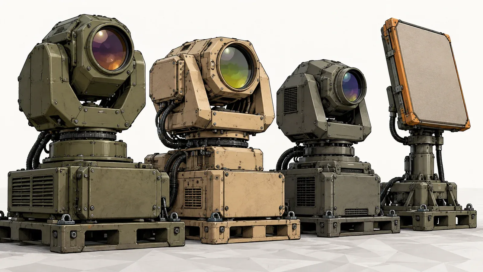 Illustration of three generic laser turrets on pallets and one flat-panel microwave emitter standing in a row on a minimal low-poly ground, on an off-white background