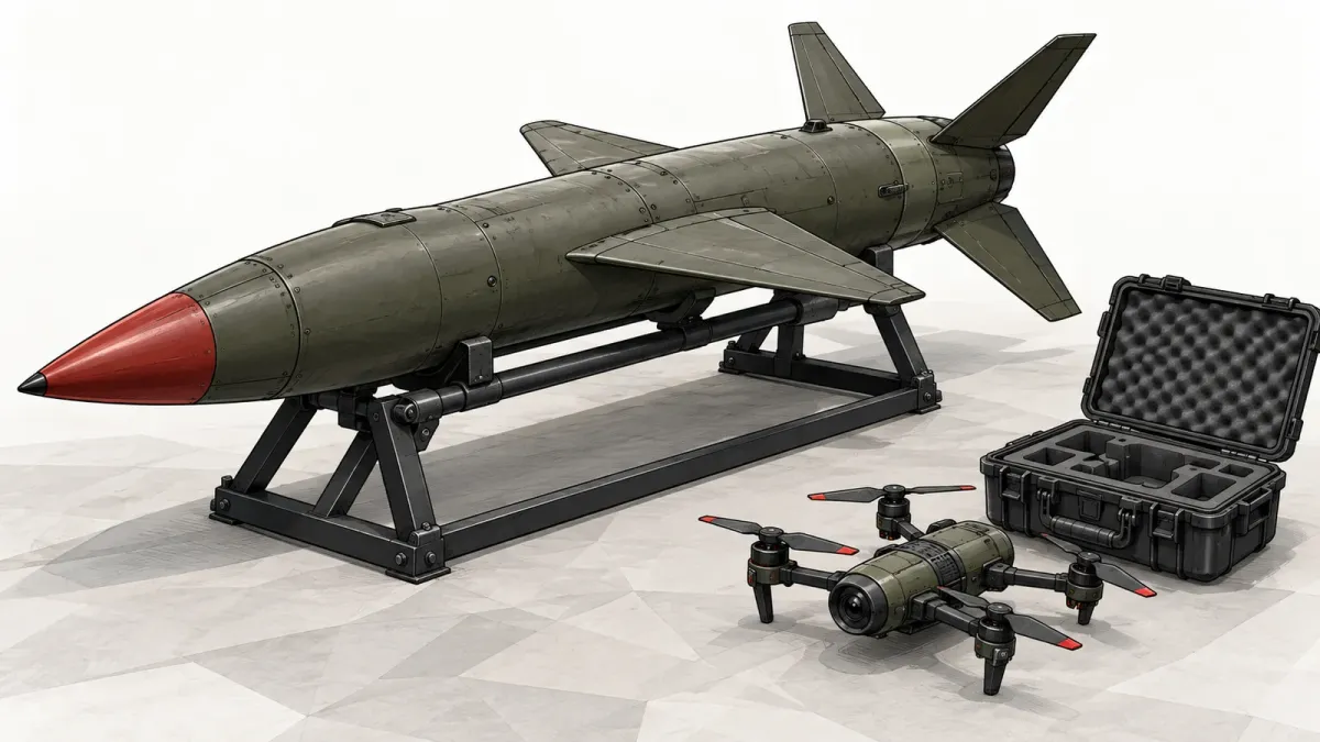Illustration of a large generic dart-shaped interceptor drone and a much smaller hand-held interceptor drone side by side on a low-poly floor, on an off-white background