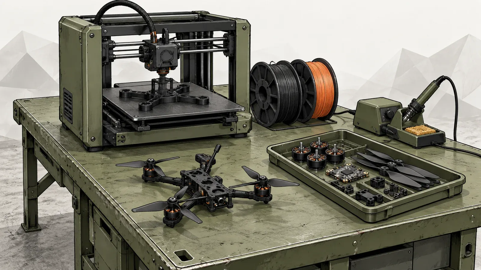 Illustration of a military workbench with a desktop 3D printer printing a small quadcopter frame, beside spools of filament, a soldering station and loose drone motors and propellers, on an off-white background