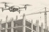 Graphite line drawing of a small generic quadcopter hovering above a half-built concrete building frame with a tower crane behind it