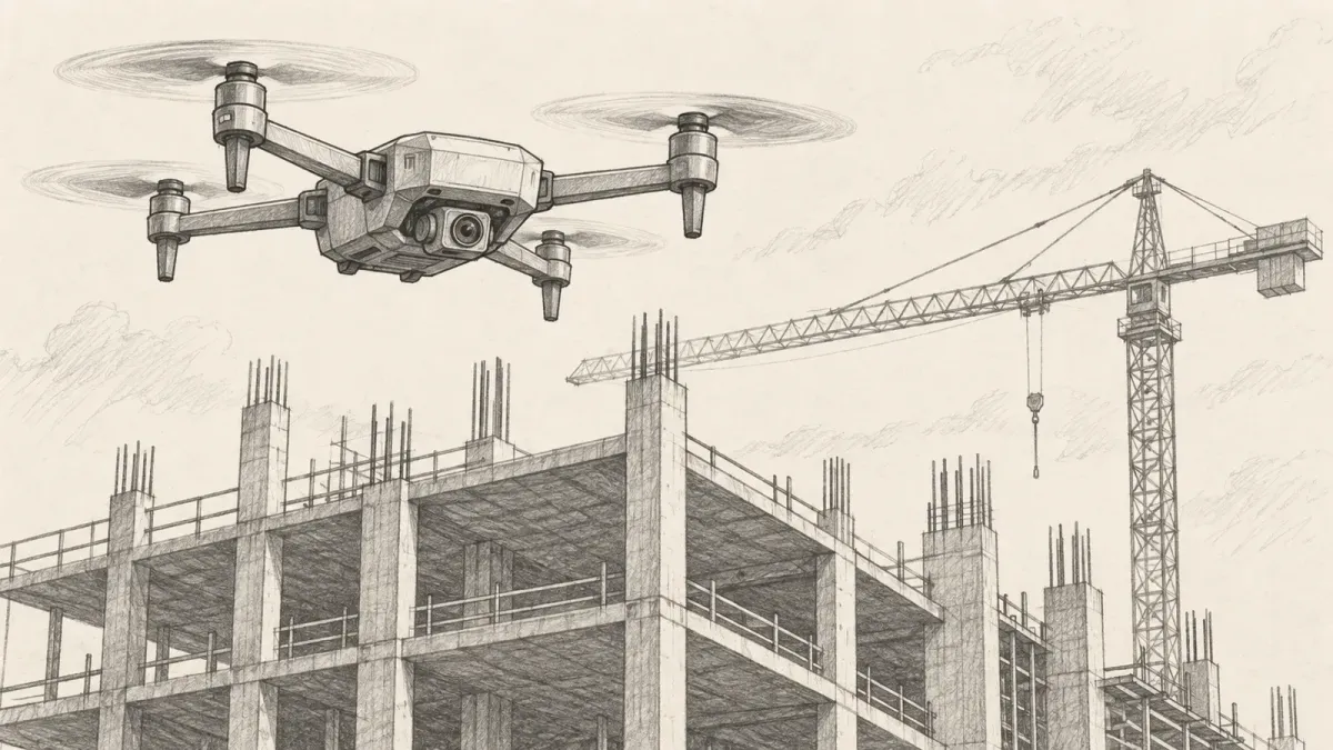 Graphite line drawing of a small generic quadcopter hovering above a half-built concrete building frame with a tower crane behind it