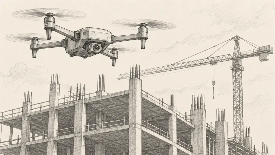 Graphite line drawing of a small generic quadcopter hovering above a half-built concrete building frame with a tower crane behind it