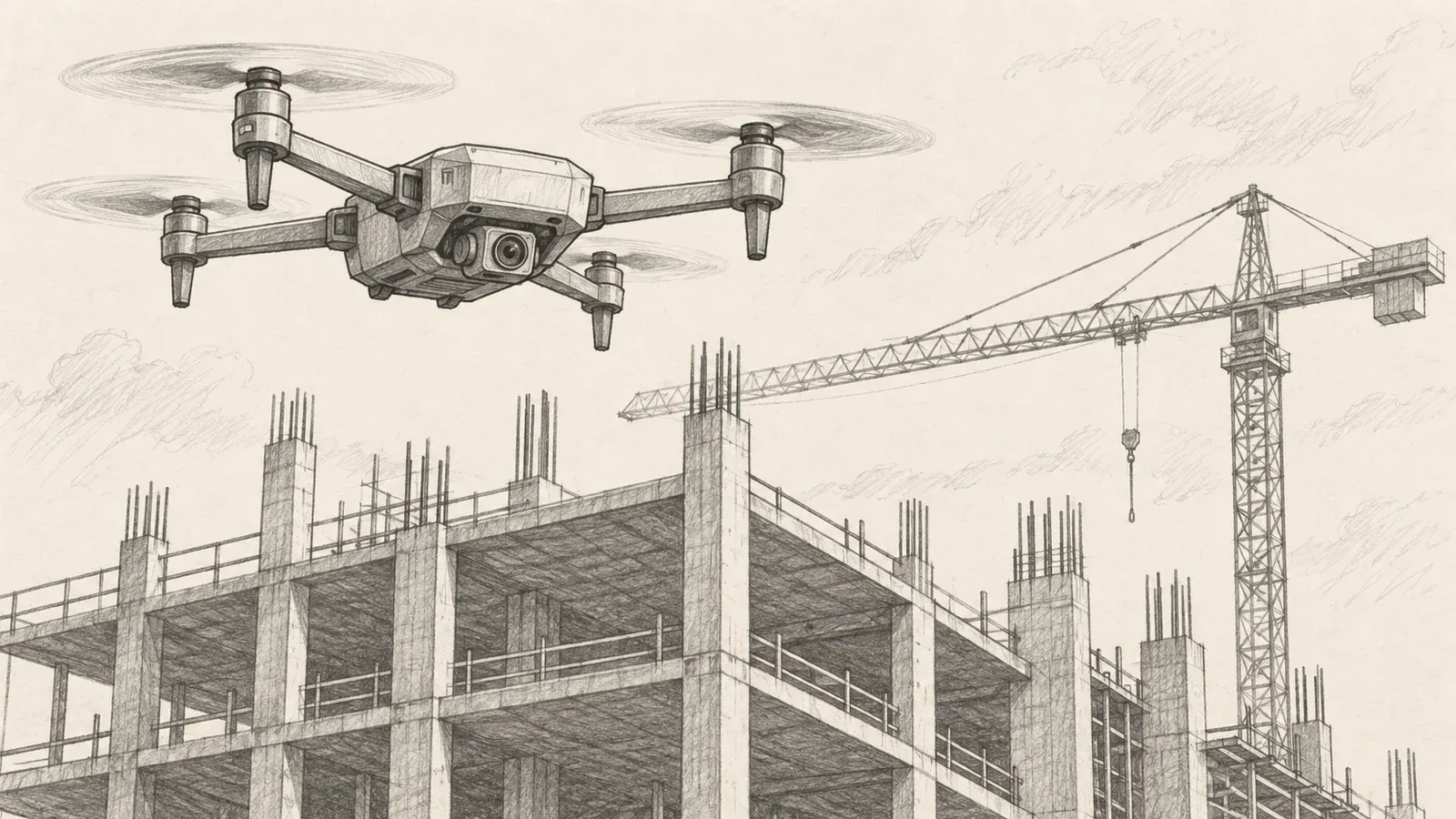 Graphite line drawing of a small generic quadcopter hovering above a half-built concrete building frame with a tower crane behind it