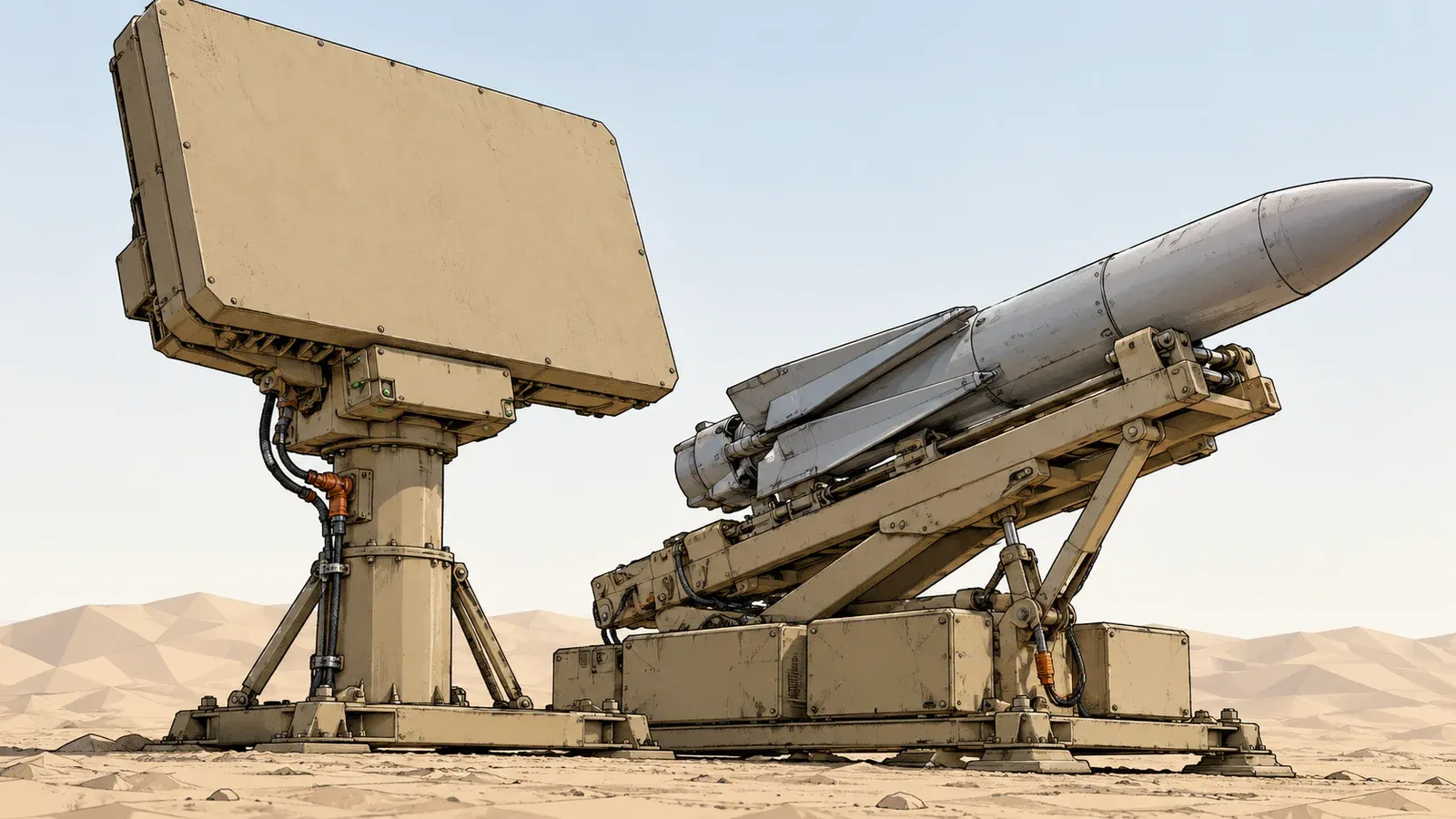 Illustration of a sand-coloured flat-panel radar beside a rail launcher holding a grey winged interceptor, with faceted sand-coloured ground and a pale sky