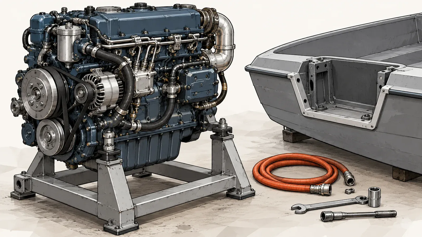 Illustration of a compact marine diesel engine on a workshop stand beside the stern of a small grey uncrewed boat hull