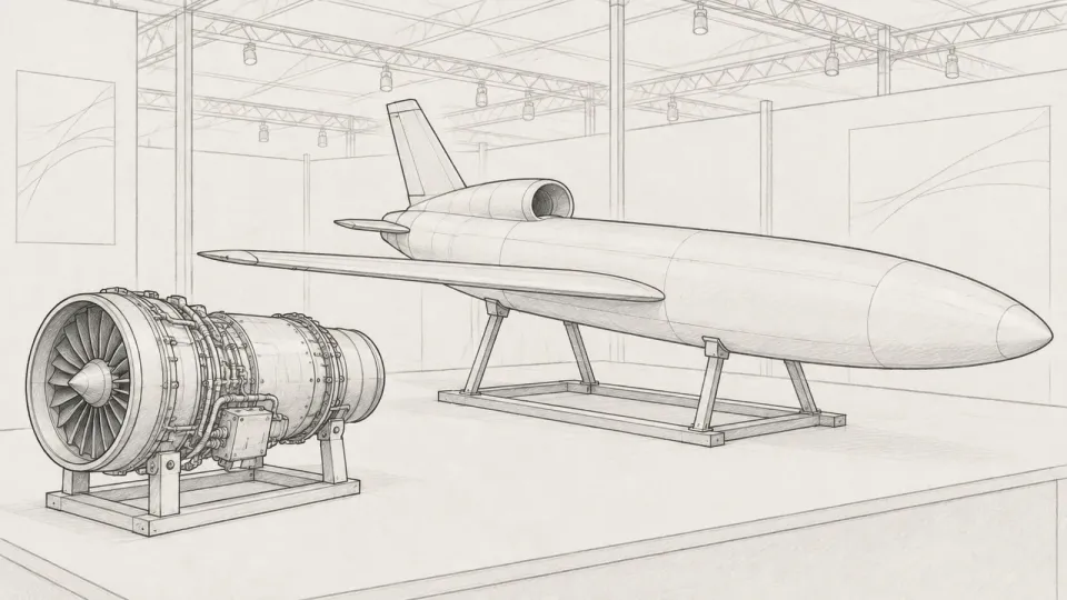 Graphite line drawing of a generic jet-powered drone on a display cradle in an exhibition hall, beside an enlarged model aircraft engine in the foreground