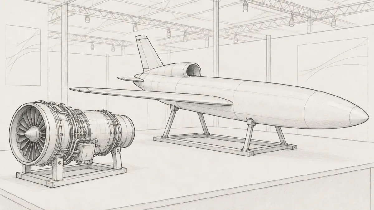 Graphite line drawing of a generic jet-powered drone on a display cradle in an exhibition hall, beside an enlarged model aircraft engine in the foreground