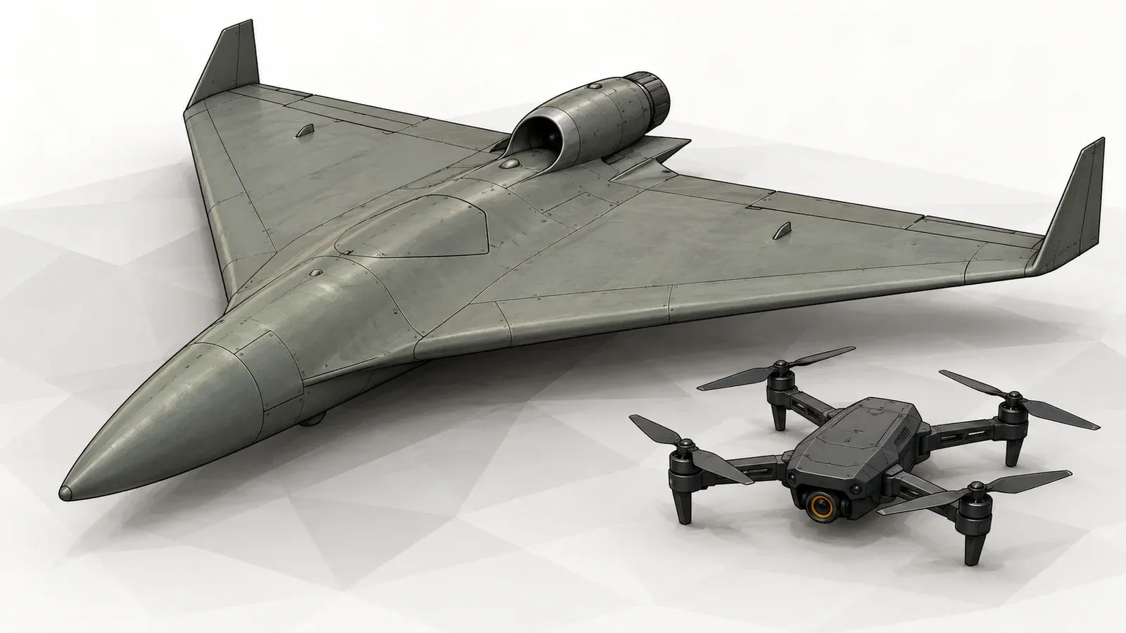 Illustration of a generic delta-wing jet drone beside a much smaller quadcopter interceptor, both standing on the ground, on an off-white background