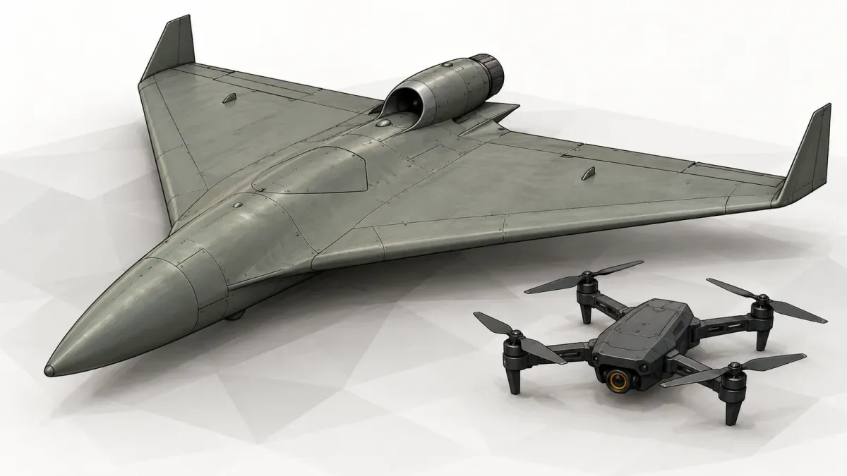 Illustration of a generic delta-wing jet drone beside a much smaller quadcopter interceptor, both standing on the ground, on an off-white background
