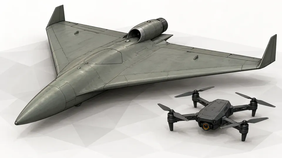 Illustration of a generic delta-wing jet drone beside a much smaller quadcopter interceptor, both standing on the ground, on an off-white background