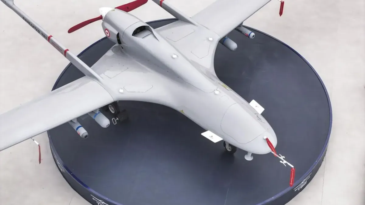 Bayraktar TB2 armed UAV in aerial view at SAHA 2026 International Defense and Aerospace Exhibition in Istanbul