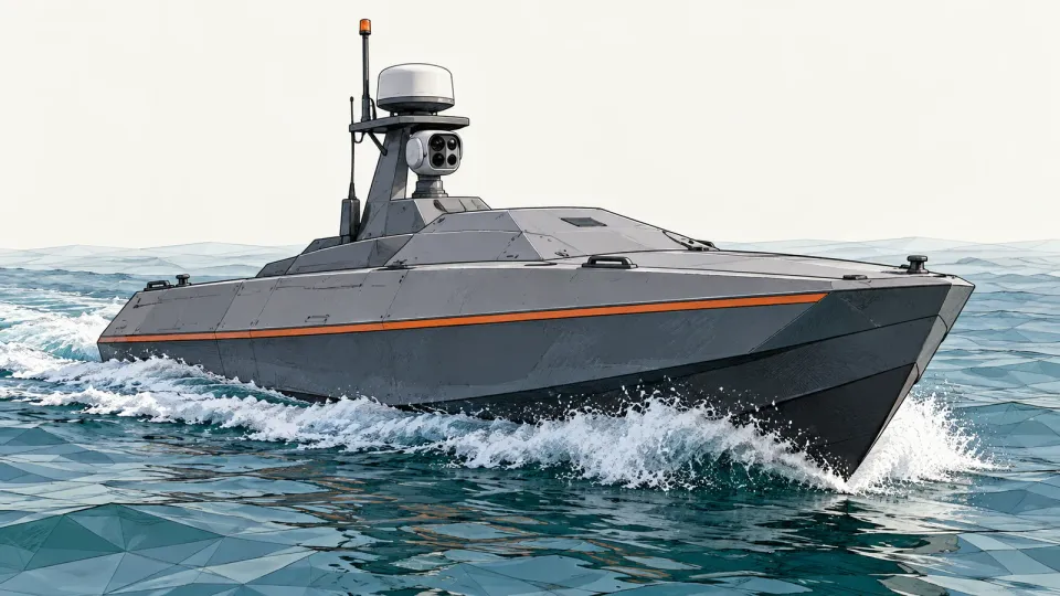 Illustration of a small grey uncrewed patrol boat with a radar dome and a sensor mast cutting through blue-green water, on an off-white background