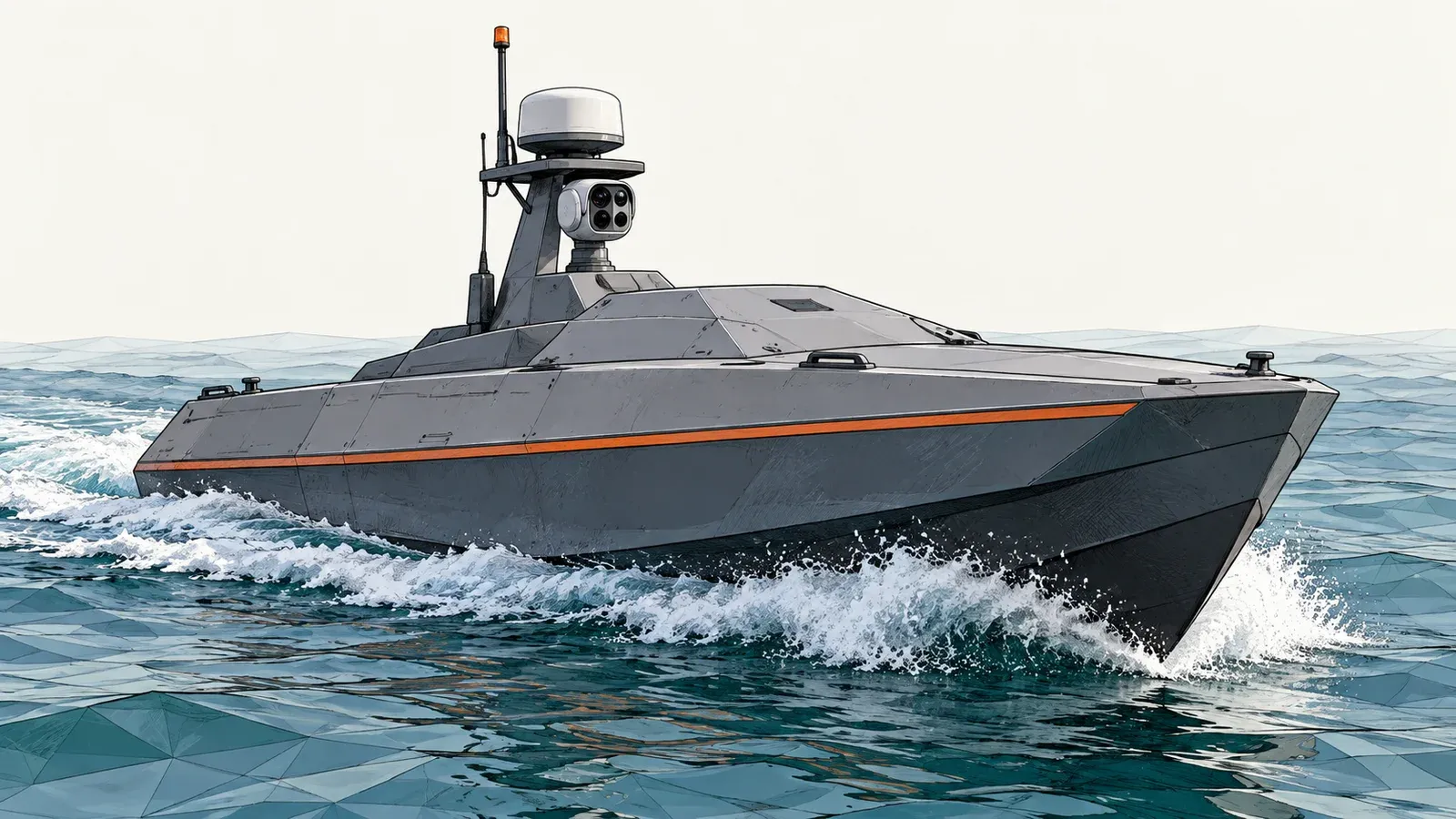 Illustration of a small grey uncrewed patrol boat with a radar dome and a sensor mast cutting through blue-green water, on an off-white background