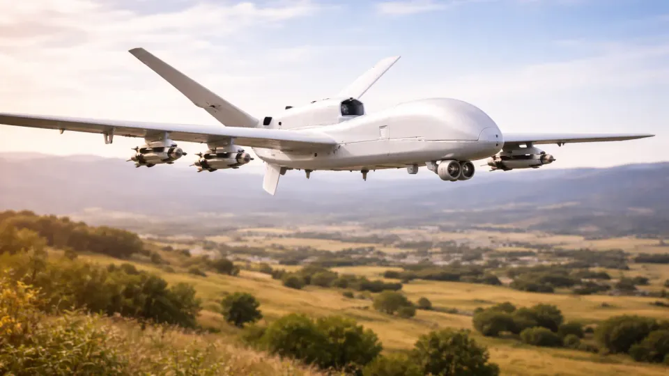 Illustration of a generic white armed long-endurance drone flying over hills