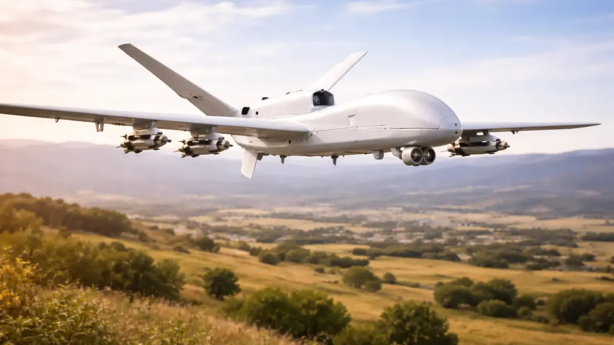 Illustration of a generic white armed long-endurance drone flying over hills