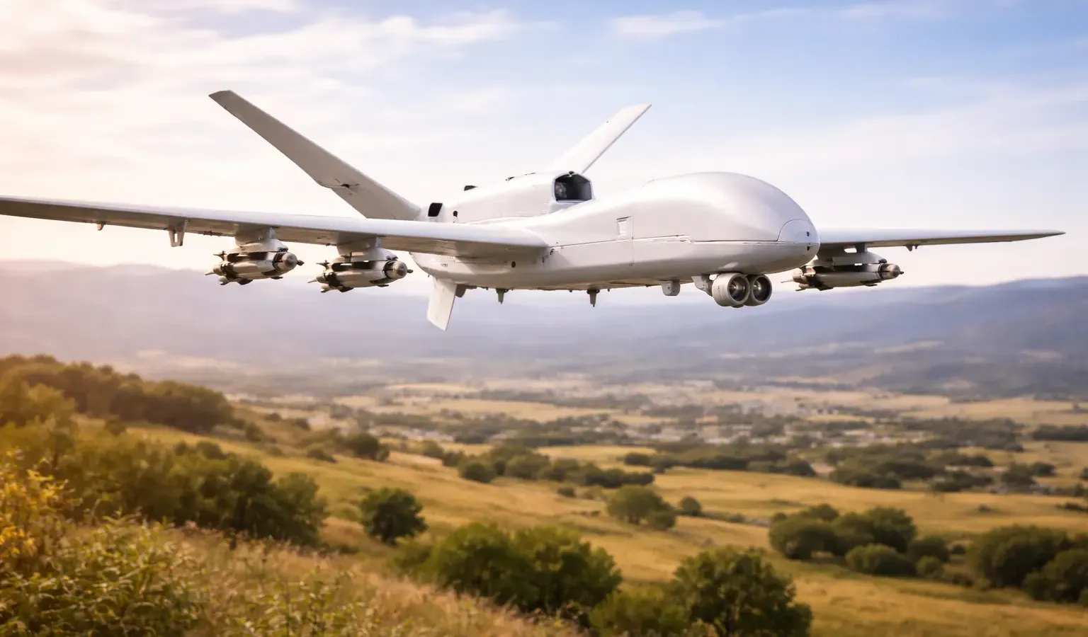 Illustration of a generic white armed long-endurance drone flying over hills