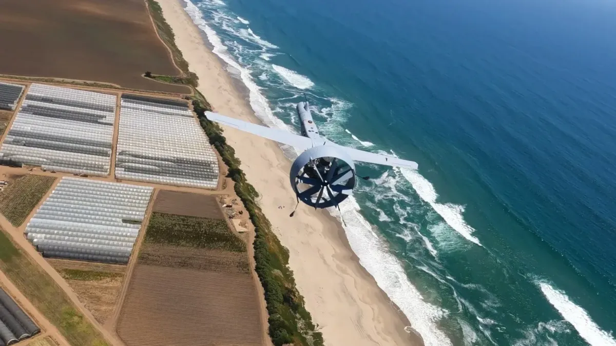 V-BAT unmanned aerial system preparing for vertical takeoff from a Navy amphibious transport dock ship deck