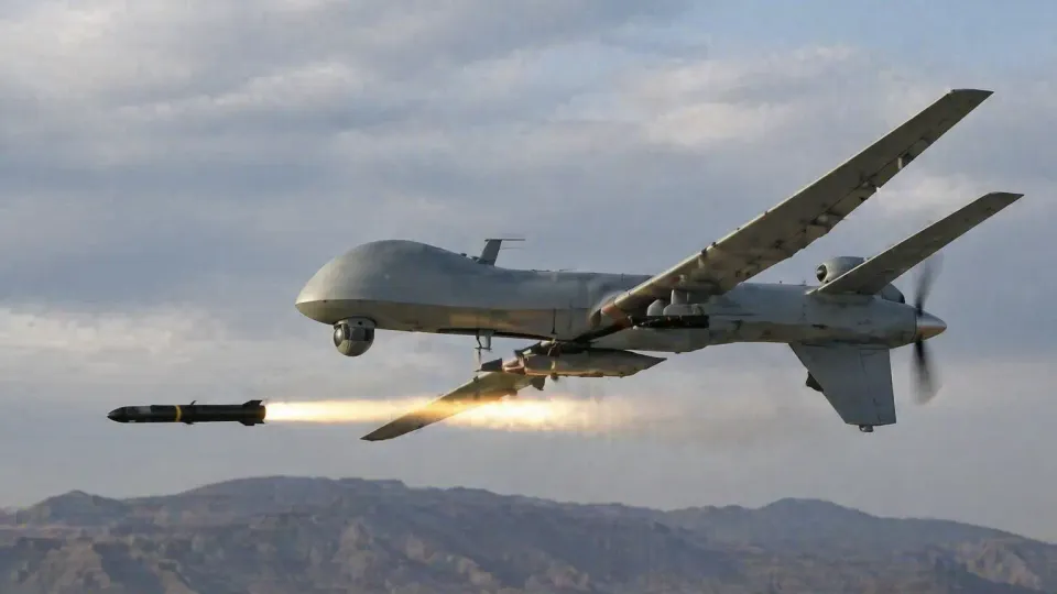 Ukrainian interceptor drone silhouetted against a night sky during a counter-drone operation