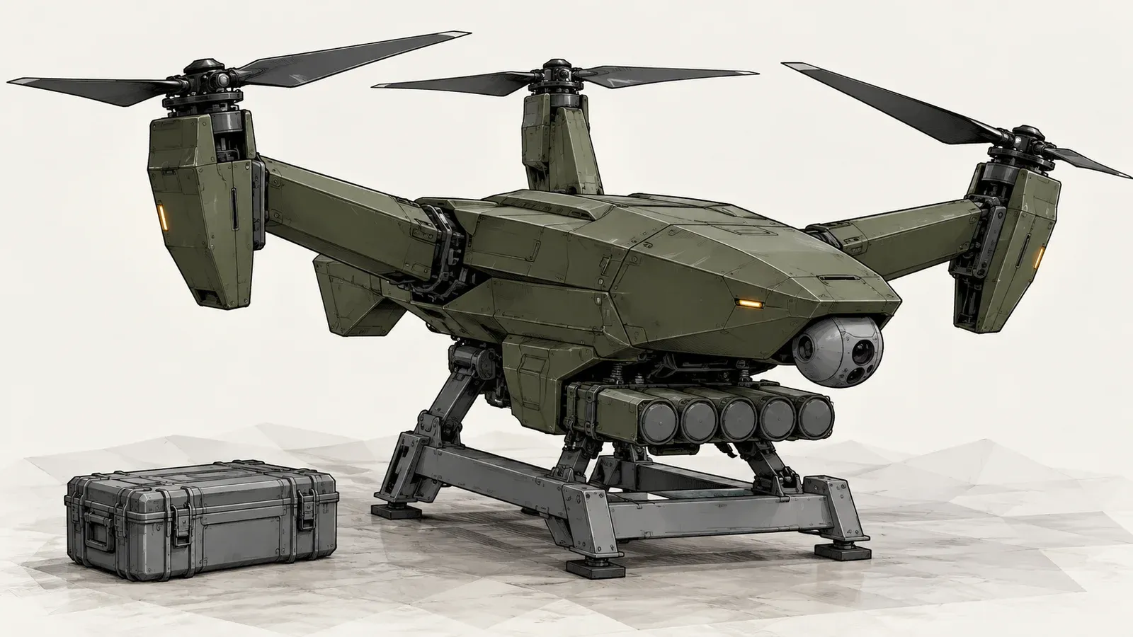 Illustration of a three-armed tilt-rotor drone resting on a workshop stand with a short multi-barrel launcher mounted beneath its body