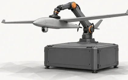 Illustration of a small grey fixed-wing drone held above a boxy docking station by a robotic arm, on a white background