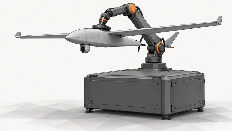 Illustration of a small grey fixed-wing drone held above a boxy docking station by a robotic arm, on a white background