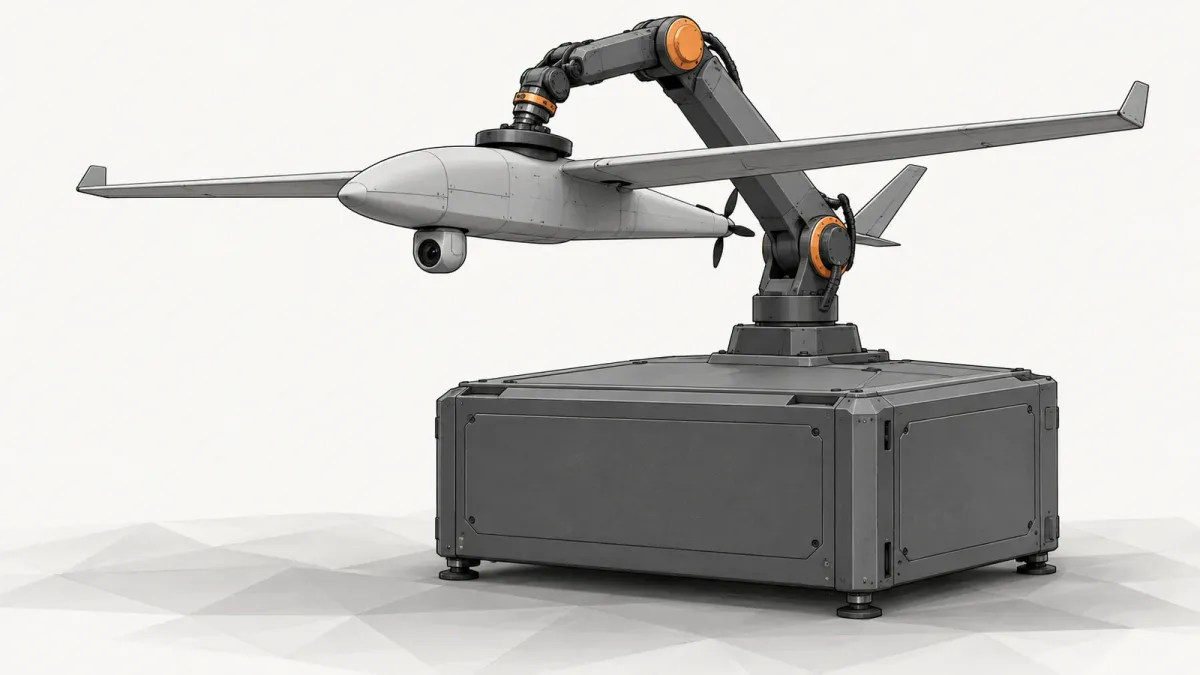 Illustration of a small grey fixed-wing drone held above a boxy docking station by a robotic arm, on a white background
