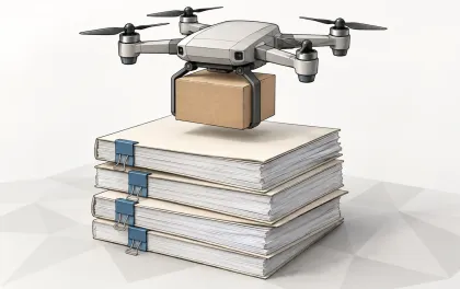 Illustration of a small delivery drone carrying a parcel, hovering above a stack of bound legal papers, on an off-white background
