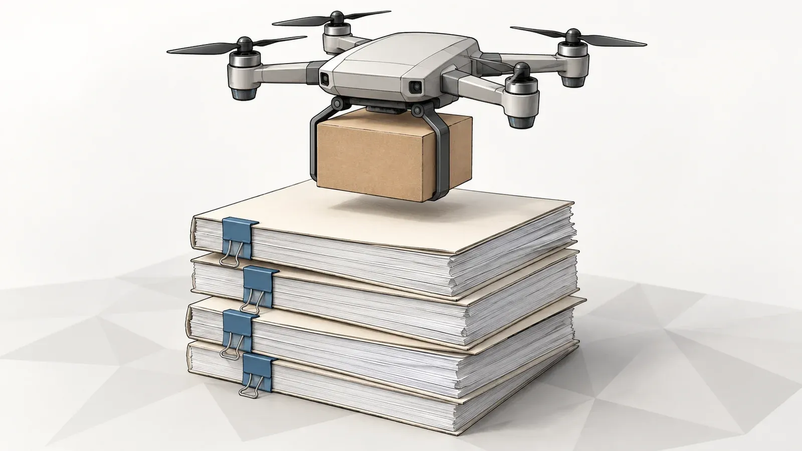 Illustration of a small delivery drone carrying a parcel, hovering above a stack of bound legal papers, on an off-white background