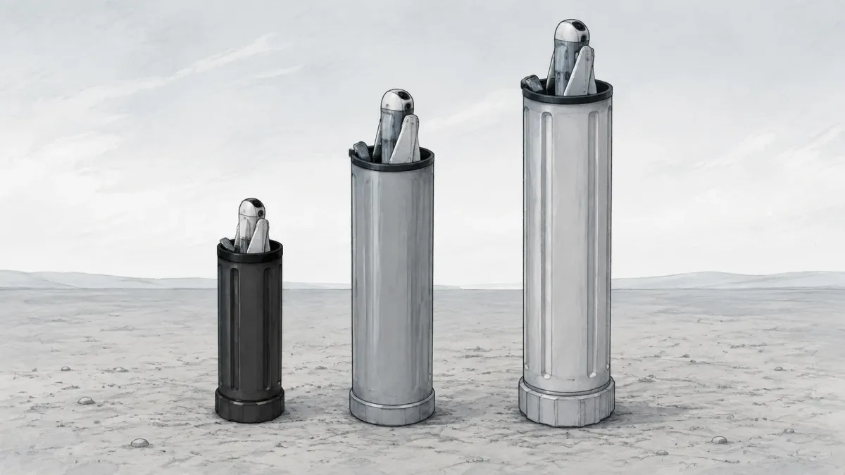 Three man-portable launch tubes of different sizes standing upright in a row on open ground, each with a small folded-wing munition partly visible at the mouth