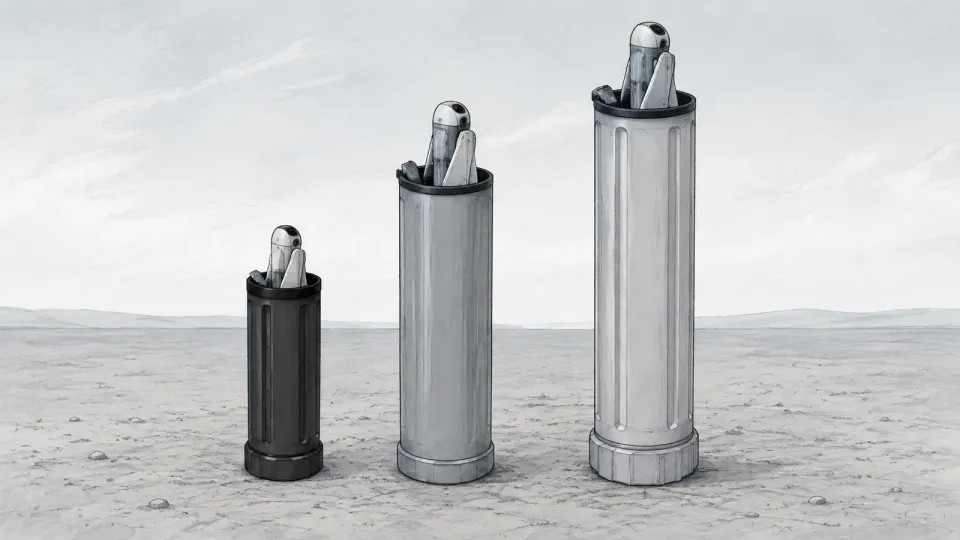 Three man-portable launch tubes of different sizes standing upright in a row on open ground, each with a small folded-wing munition partly visible at the mouth