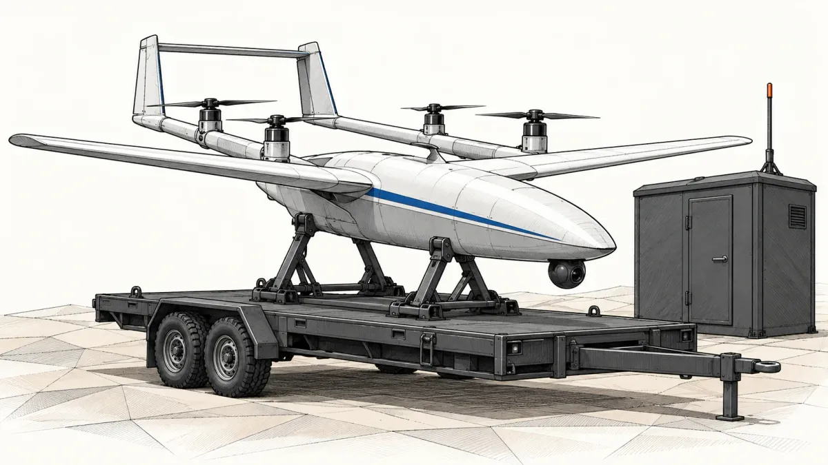 Illustration of a generic white vertical take-off drone with a fixed wing and four lift rotors on a trailer beside a small control cabin, on an off-white background