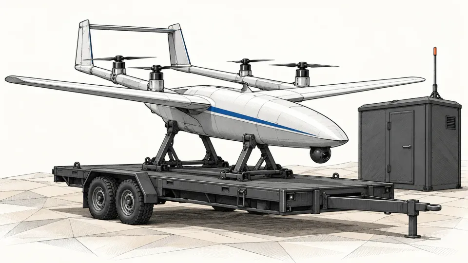 Illustration of a generic white vertical take-off drone with a fixed wing and four lift rotors on a trailer beside a small control cabin, on an off-white background