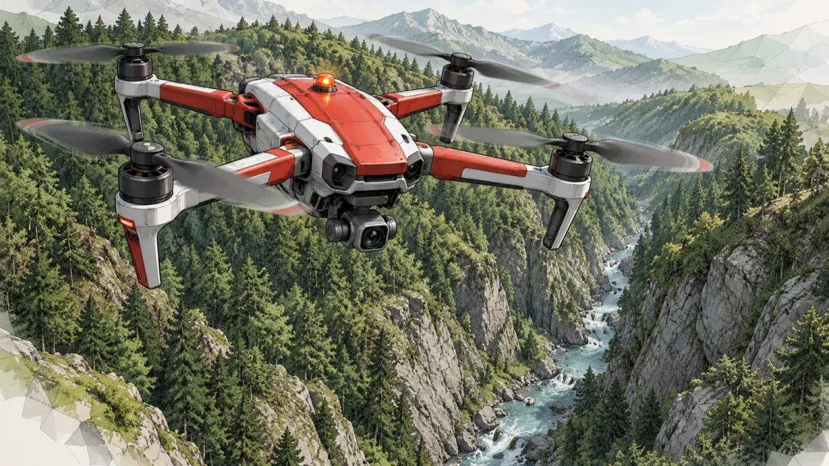 Illustration of a generic red and white quadcopter with a gimbal camera and orange beacon hovering above a forested rocky ravine and stream, with off-white edges